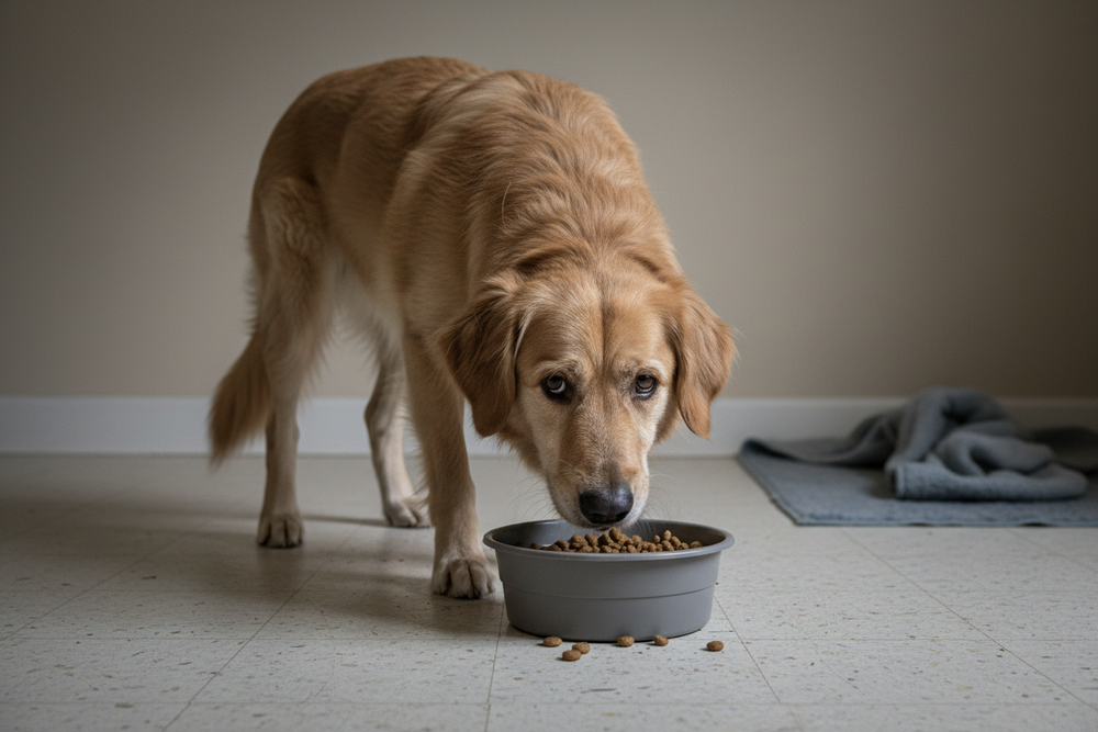 make a sad dog be  bored and sad eating on a boring dog bowl 