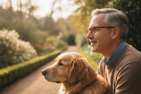 slightly smiling man looking to the side , showing his side profile and its a white man with glasses with a dog in the profile